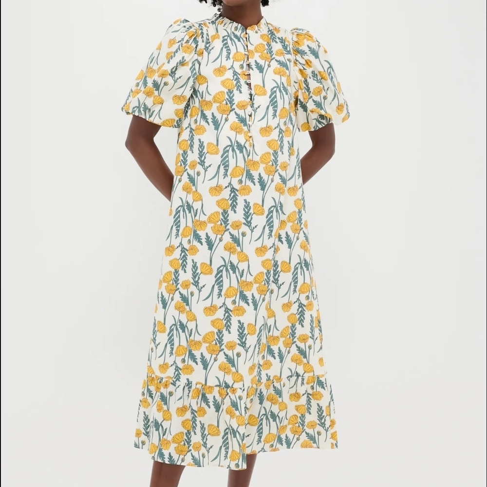 Yellow Floral Puff Sleeve Midi Dress